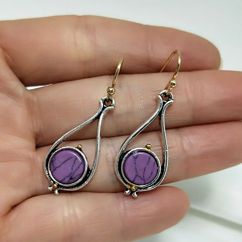 

20203-6 European and American Creative inlaid purple Turquoise luxury plated 14K Gold and silver color separation Earrings