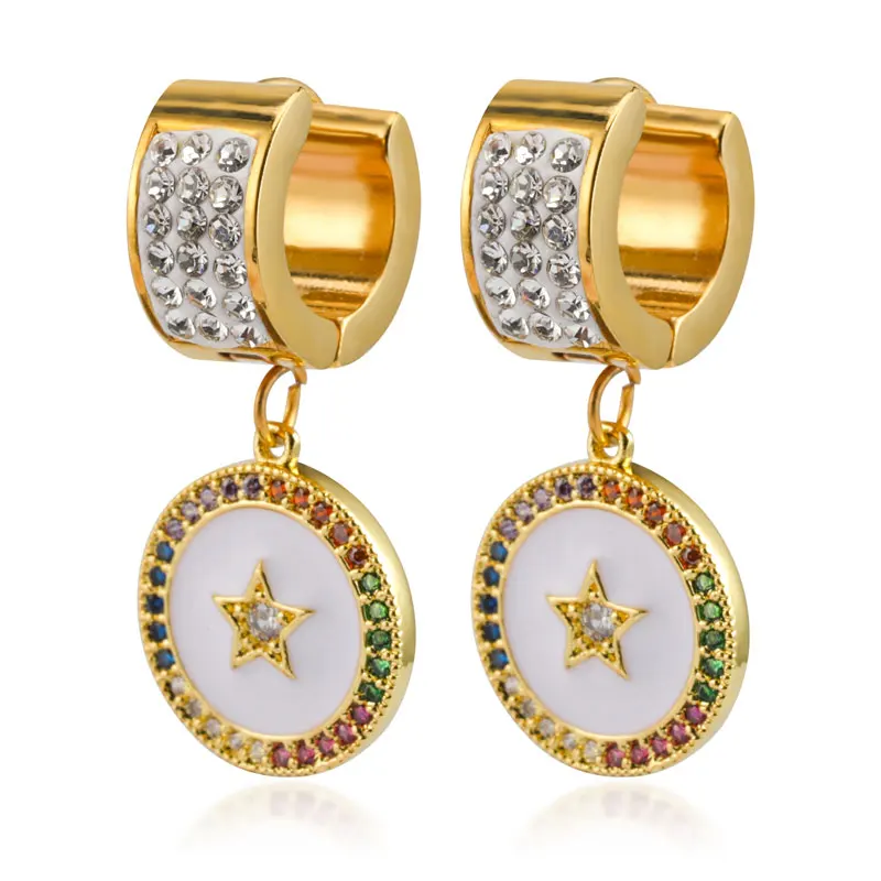 

Vintage Clip on Dangle Earrings with Zircon Diamond White Star Badge Shape