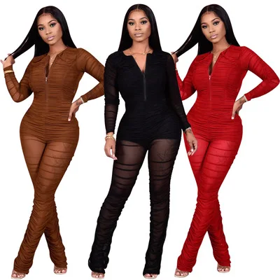 

2021 New Arrivals Solid Long Sleeve Playsuit Stacked Bodysuits For Women Sexy Mesh See Through Jumpsuit