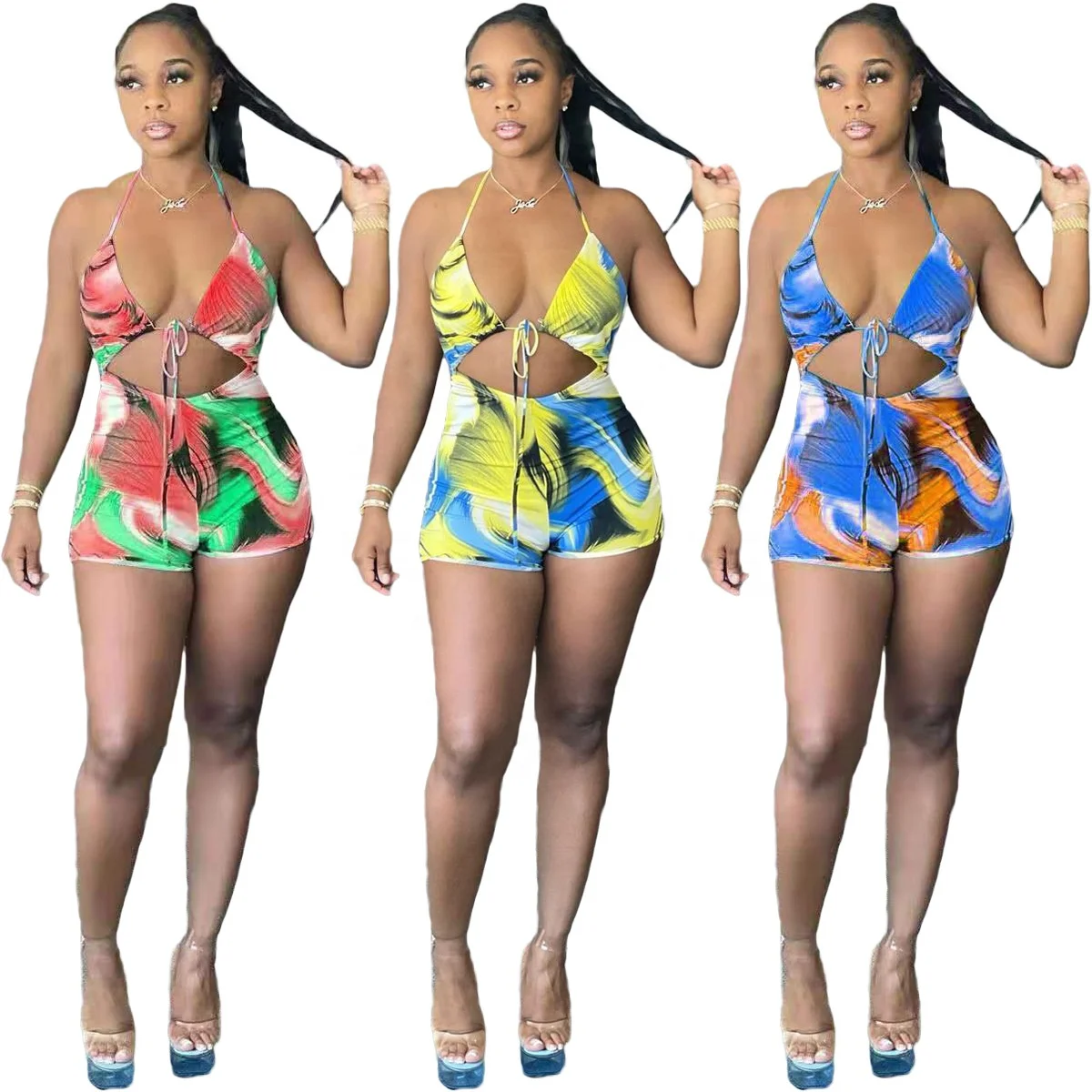 

MT99-8067 Fashion women's new summer tie-dye sexy one-piece swimsuit with neck hanging