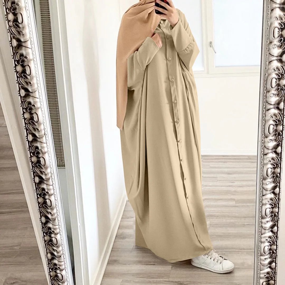 

Islamic Clothing Buttons Prayer Muslim Dress Dubai Turkey Linen Modest Abaya Butterfly Sleeve Kimono, 4 colors in stock