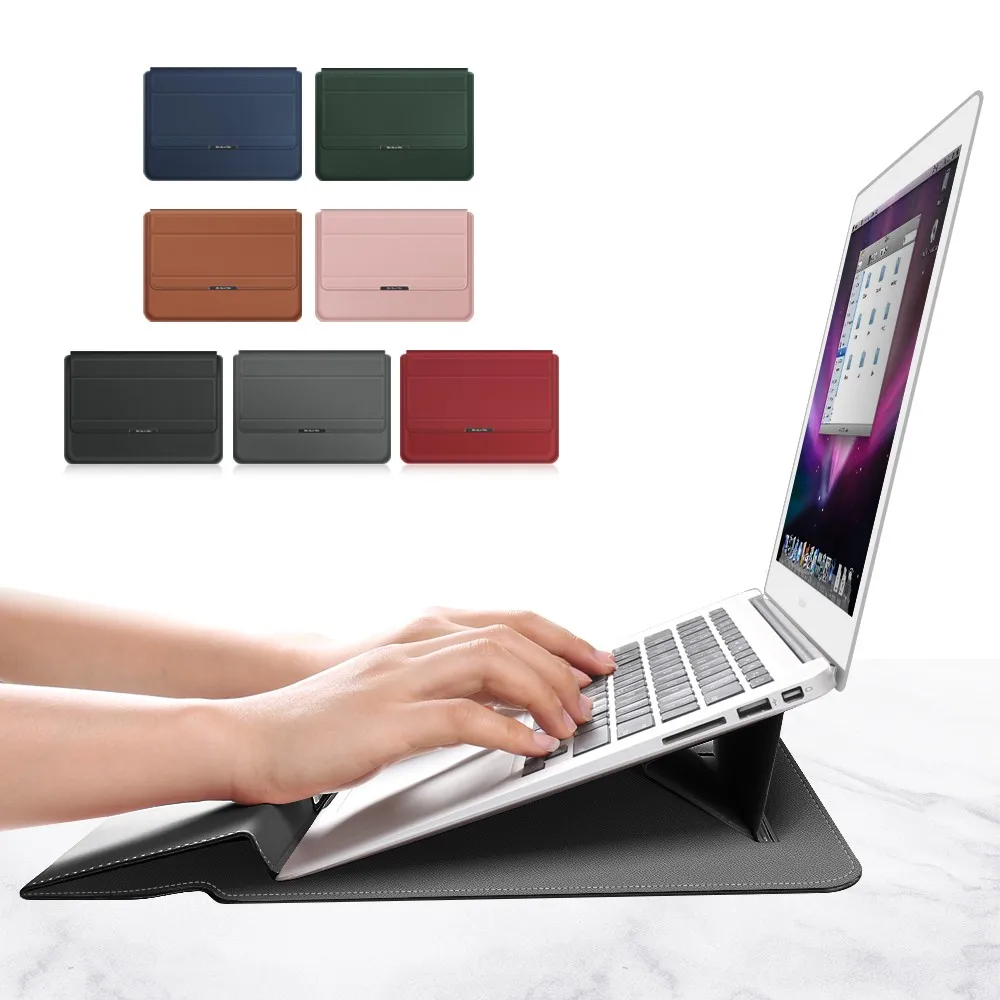 

3 in 1 Laptop Sleeve Case with Stand Holder PU Leather Computer Bag for Macbook 13 14 15inch, Black, camel, dark blue, green, rose gold, grey, red