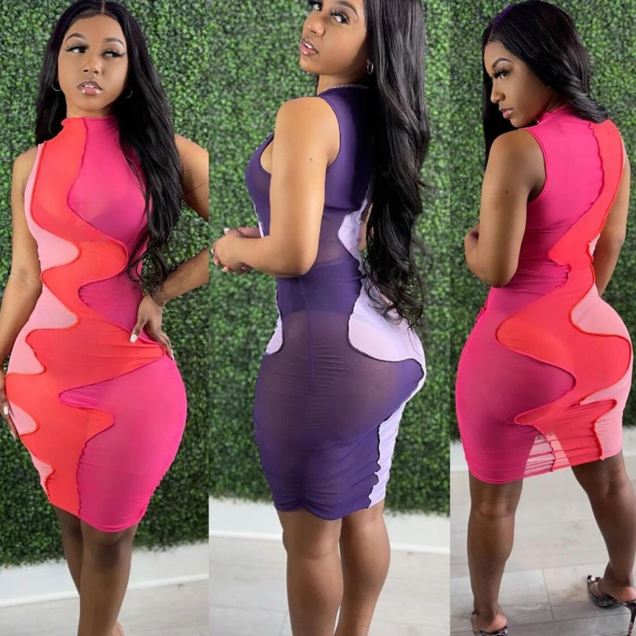 

2021 Summer Mesh Print Knee Length Bodycon Dress Party Clubwear Tight See Through Women Dresses