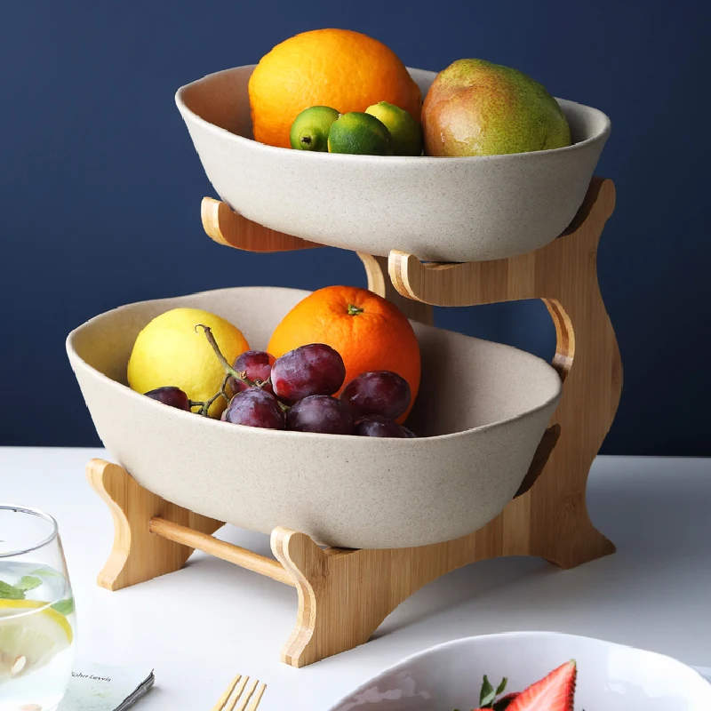 

Japanese pastoral style fruit plate household ceramic double fruit basket for Living room decoration, White+grey