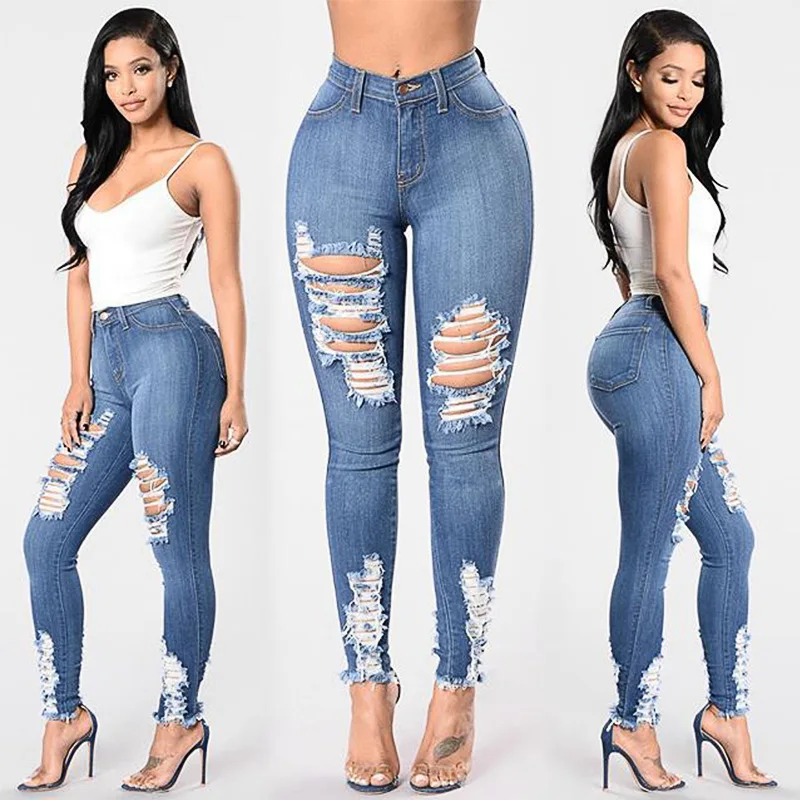 

2020 Hot Sale High Waist Blue Skinny Stretchy Plus Size Ripped Denim Jeans Women