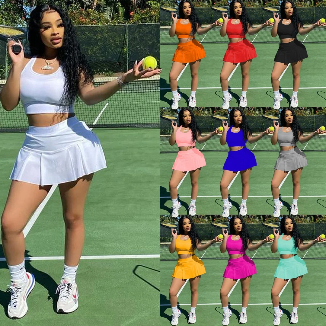 

B54825A 2021 Tennis skirt set women fashion solid color summer sportgym vest 2 piece skirt set, Shown