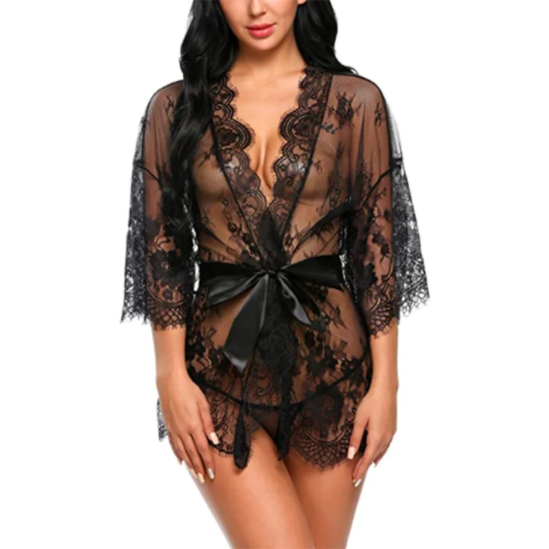 

Women Bandage Lace Night Wear Lace Kimono Robe Babydoll Lingerie Sexy Mesh Transparent lingerie Pajama Nightgown