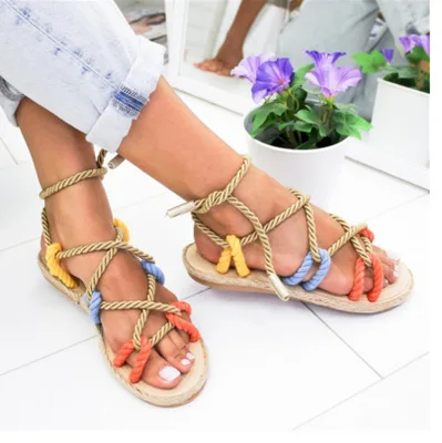 

beach sandals Summer Women Gladiator Hemp Rope Shoes multi color fabric flat sandals