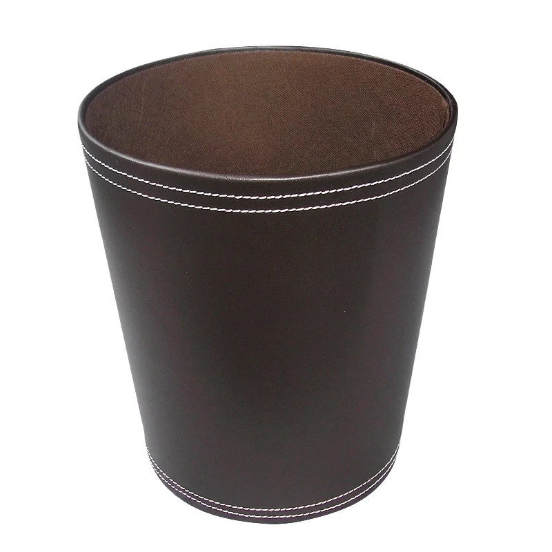 

Hotel room kitchen cylinder leather wooden car trash bin storage, Brown