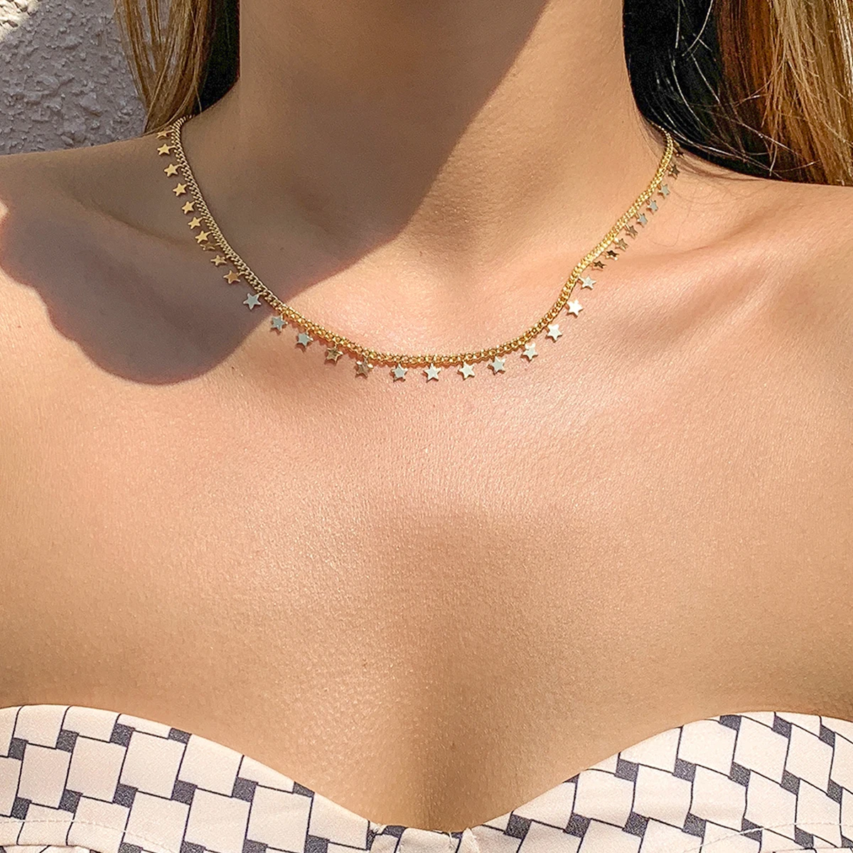 

SHIXIN Classic Five-Pointed Star Bead Necklace Elegant Thin Link Chain Necklace Dainty Gold Silver Choker Necklace for Women