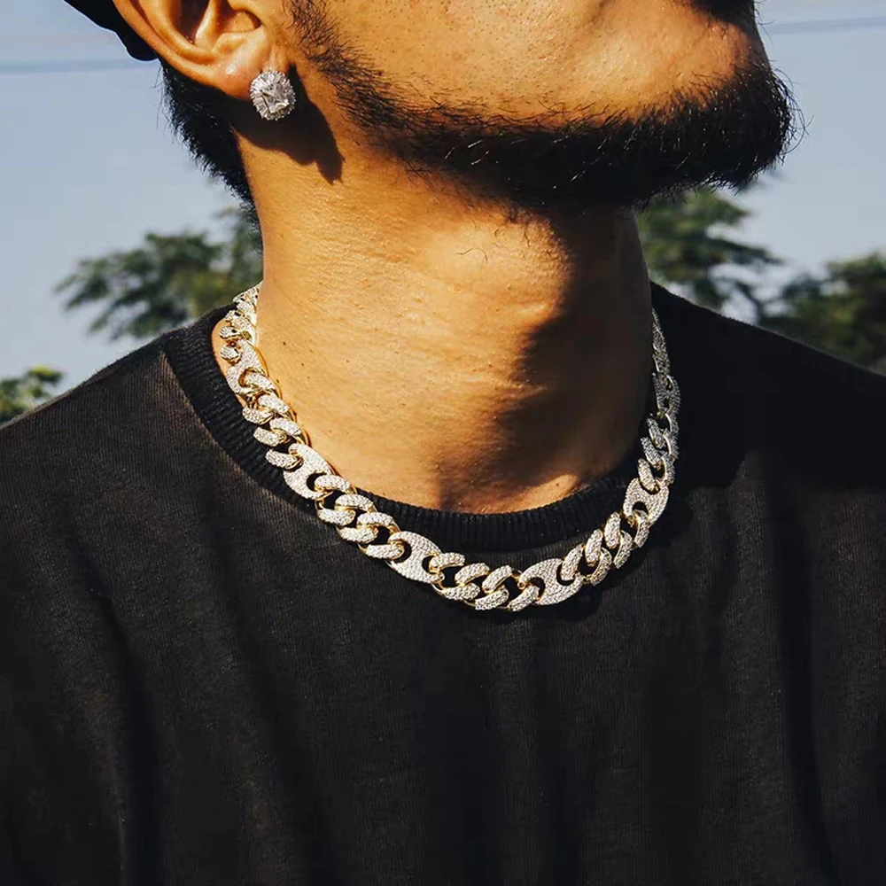 

Hip Hop 12MM 18K Gold Plated Iced Out Bracelet Men's Necklace Diamond Cuban Link Chain, Silver /gold