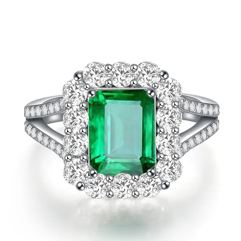 

High-end temperament inlaid zircon ring emerald rectangular colored gemstone open ring female fashion live mouth ring jewelry