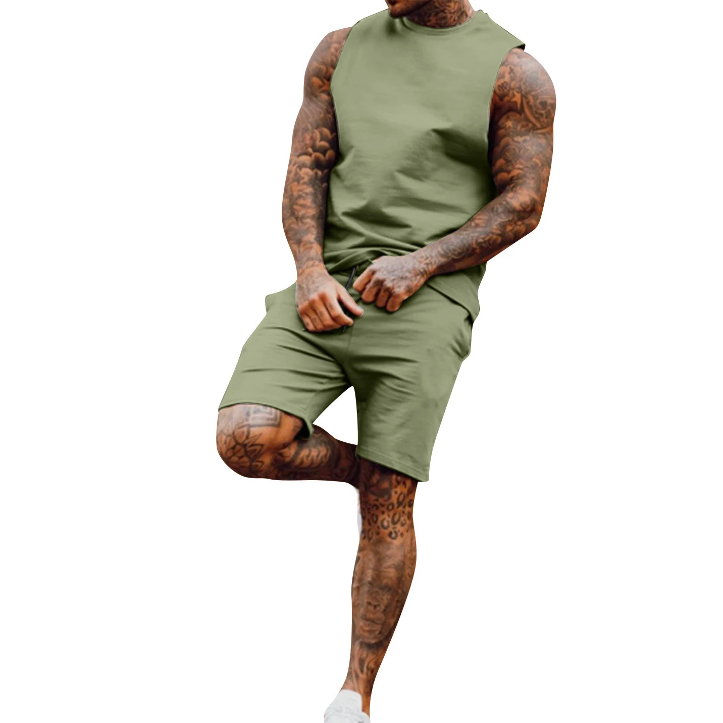 

Summer sleeveless tank top shirt and shorts set tracksuit causal 2 two piece shorts set for men, White, black, green