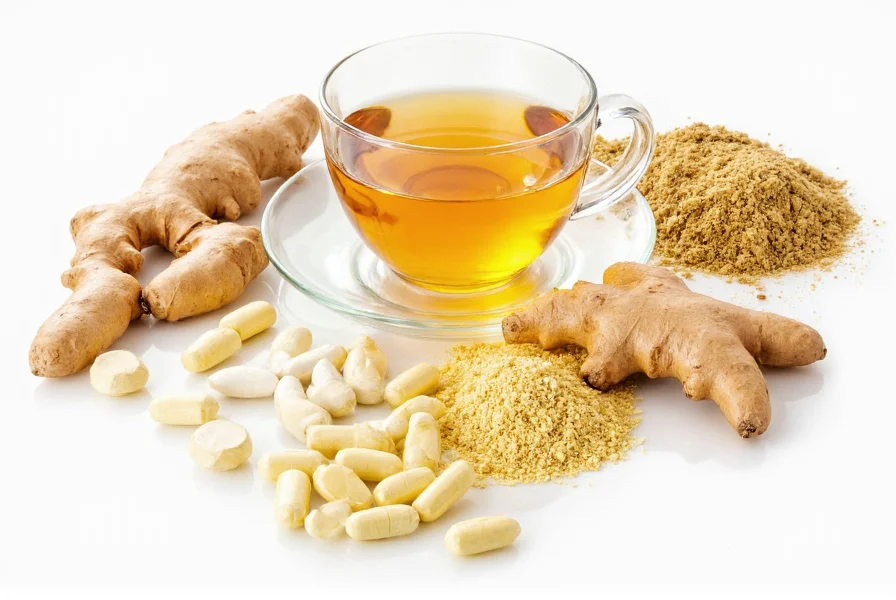 Various ginger preparations including fresh root, dried powder, capsules, and tea