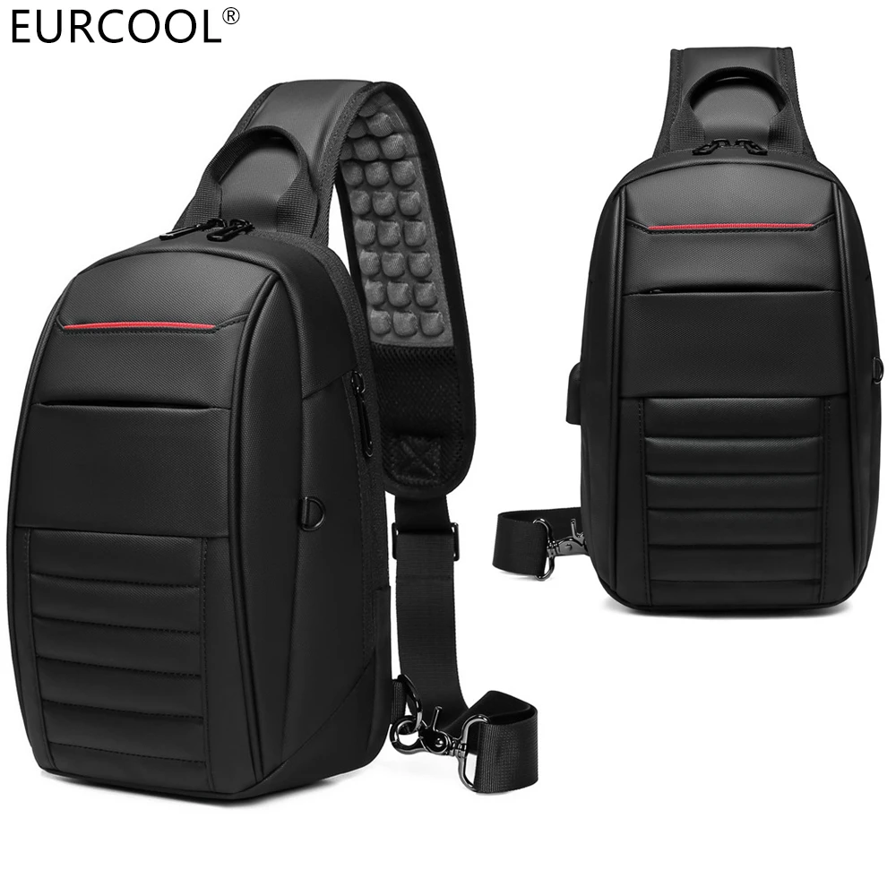 

Eurcool Casual Trip Waterproof Over The Shoulder Bag Unisex Custom Men Crossbody Bags Chest With USB, Black