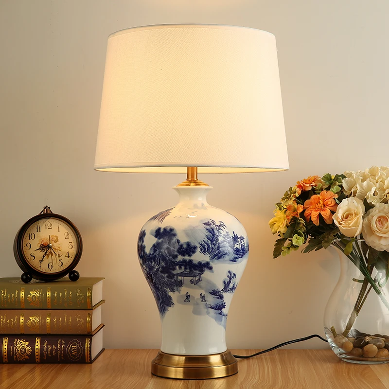 Factory supply Modern blue and white porcelain ceramics body fabric shade table lamp for Home use