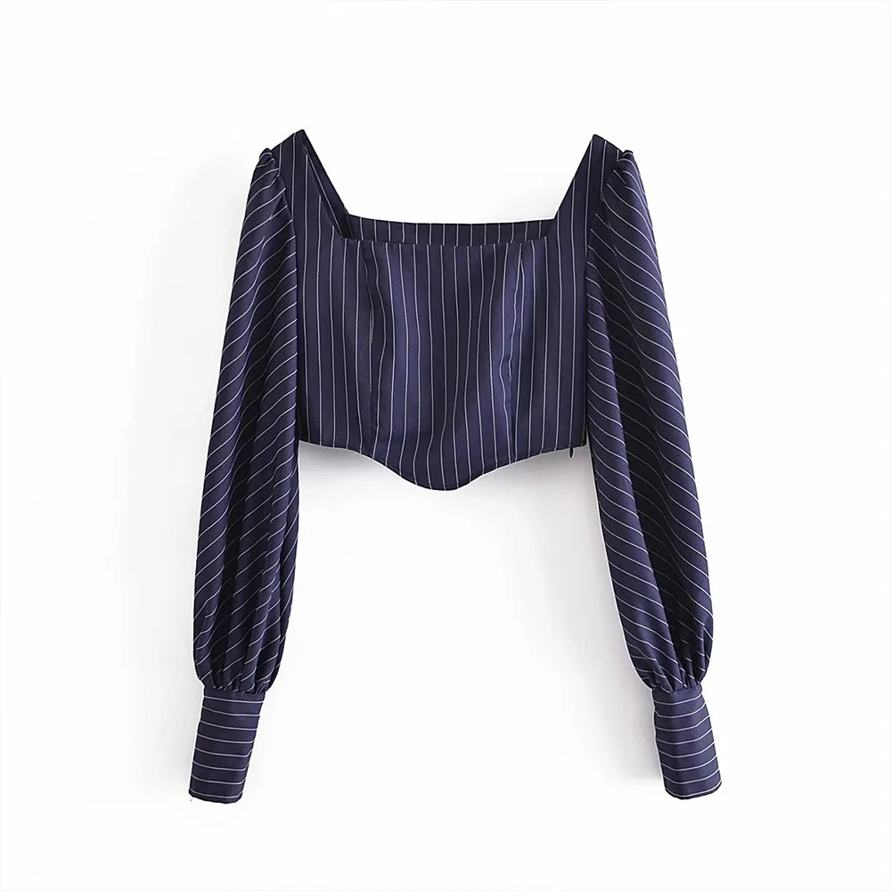 

Za Women 2021 New Fashion Stripe Asymmetric Blouses Vintage Long Sleeve Square Collar Short Female Shirts Blusas Chic Tops, Picture color