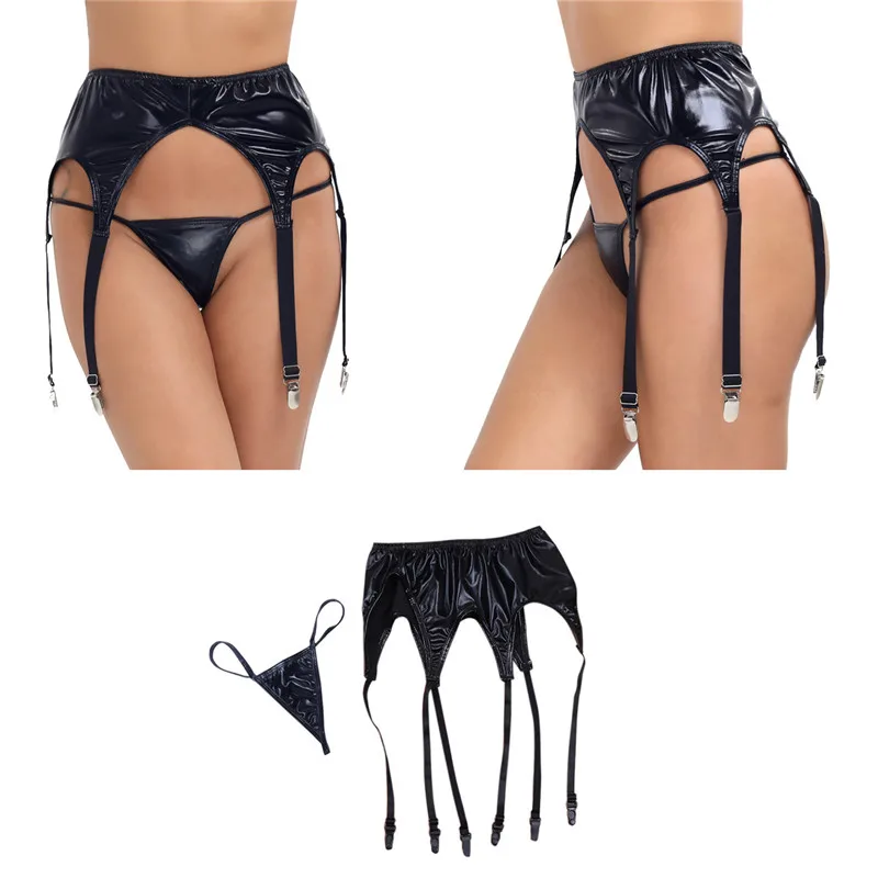 

iEFiEL Hot Wholesale Black Women Wetlook Patent Leather Garter Panty Sexy underwear Sock Garter Belt Holder Fastener Suspender