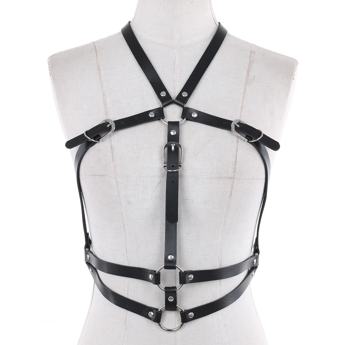 

Leather Harness Costume Womens Punk Adjustable Body Chest Faux Leather Harness with Buckles, Black