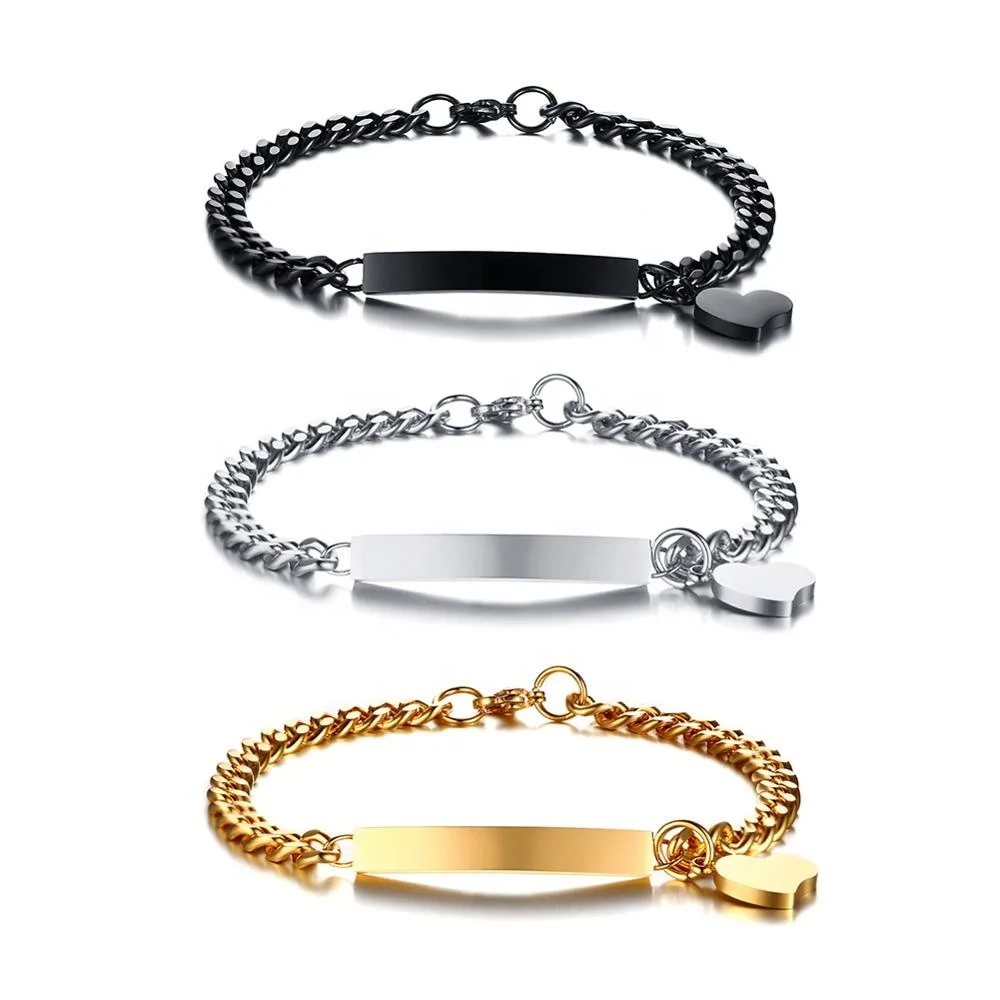 

Engraving Stainless Steel Thin ID Chain Bracelets with Small Heart Charm