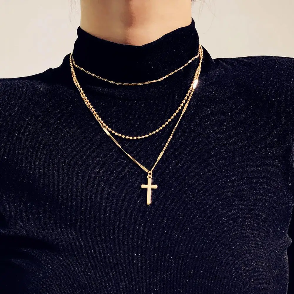 

Boho Layered Iron Cross Pendant Choker Necklace Golden Beads Jesus Long Chain Necklace Charm Crucifix Christian Couple Jewelry, Gold/silver