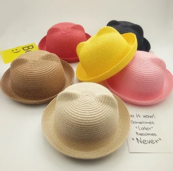 

Wholesale Low Moq Different Color Summer Cartoon Boy Girl 1-6 Years Old Cat Ear Cute Straw Hat for Children