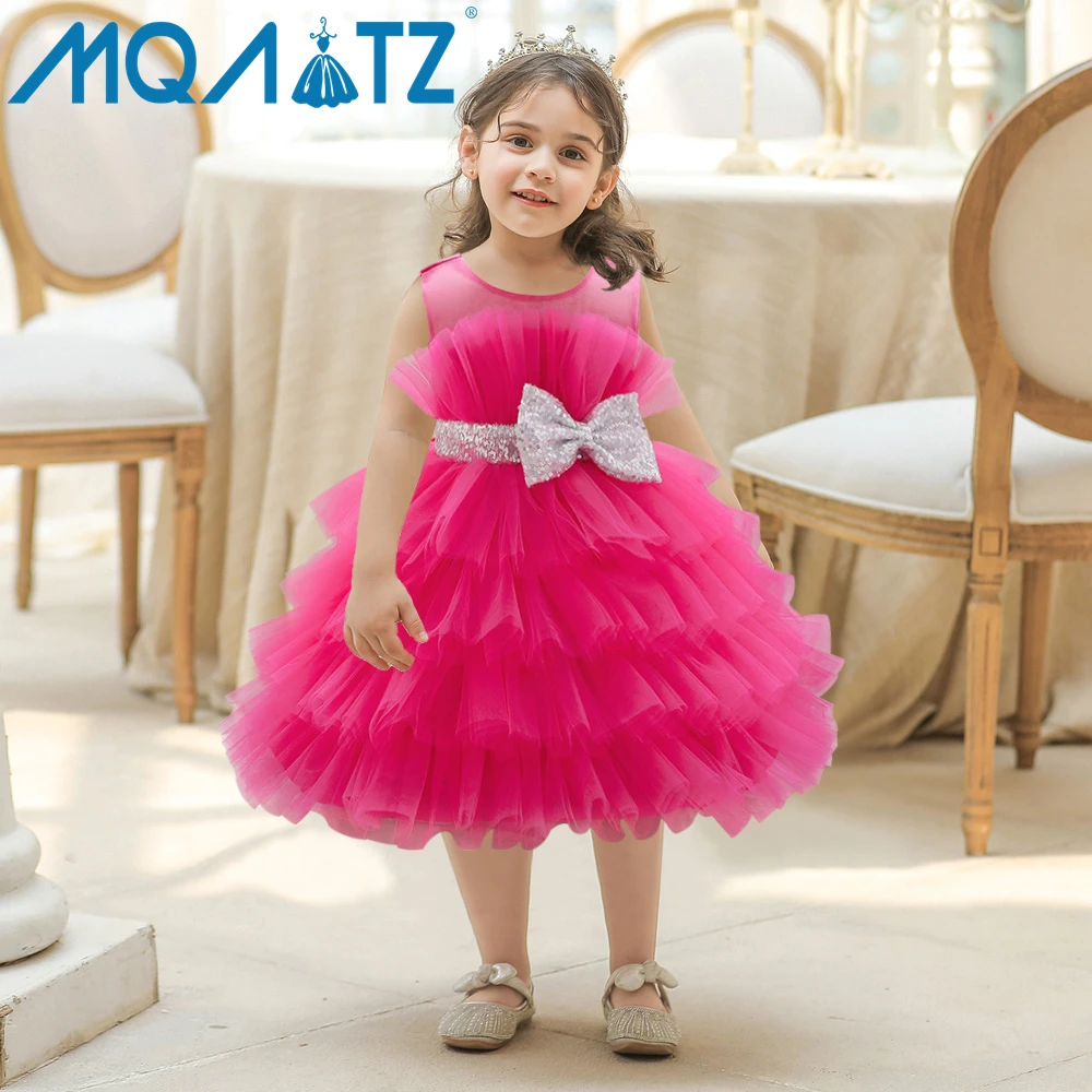 

MQATZ New Arrivals Bow Sequin Sleeveless Layered Girl Dress Party Birthday Wedding Pink Princess Gown For Kids Girl Party Dress
