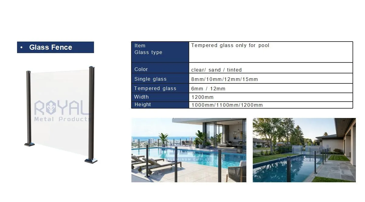 Glass Fence specifications — 1200mm wide tempered glass panels, 8-15mm options, clear/sand/tinted, pool installation photos