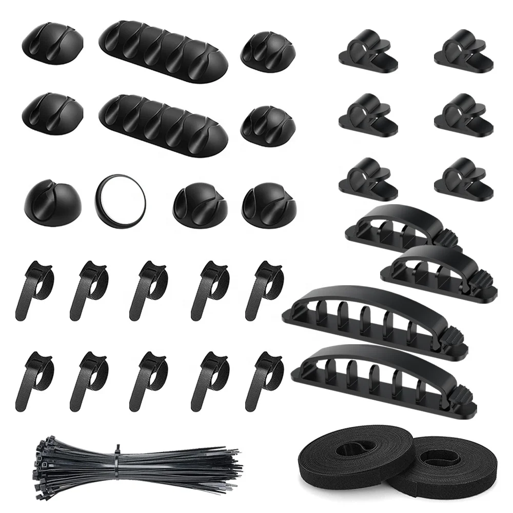 

132 PCS 10 Silicone Clips Holder 100 Cable Zip Ties 10pcs and 2 Roll 5M Self Adhesive tie 10 Plastic Clip Clamp Wire Organizer, Black