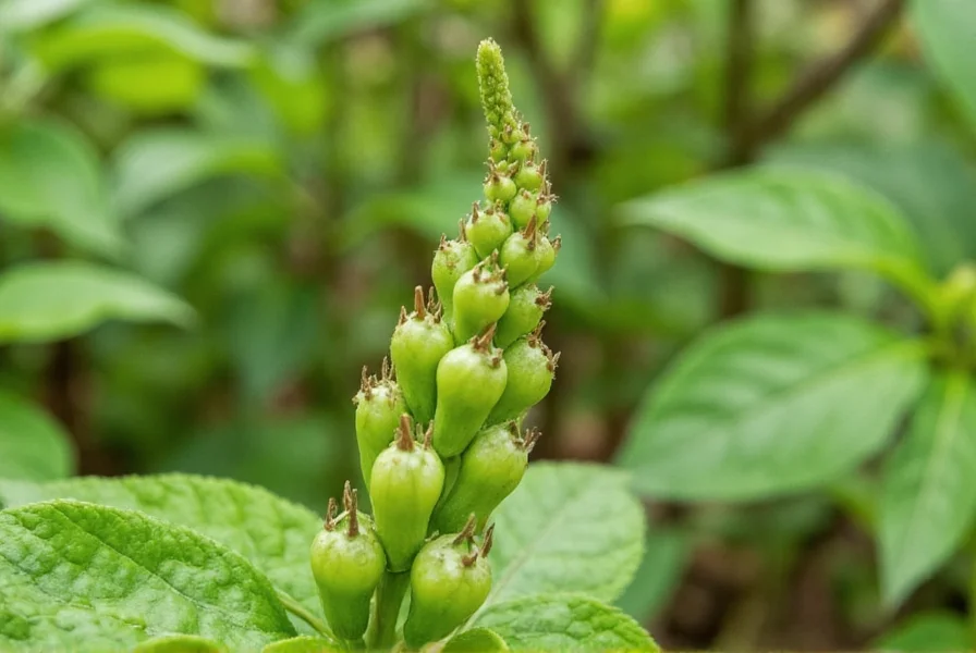 Piper nigrum vine with flowering spikes showing peppercorn development stages