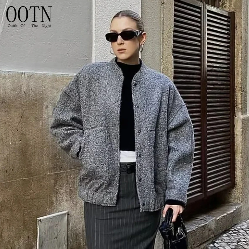 

OOTN Female Fall Winter Clothing Women Fashion Chic Long Sleeves Mock Neck Warm Thick Coat Gray Jacket Women's Wool & Blends