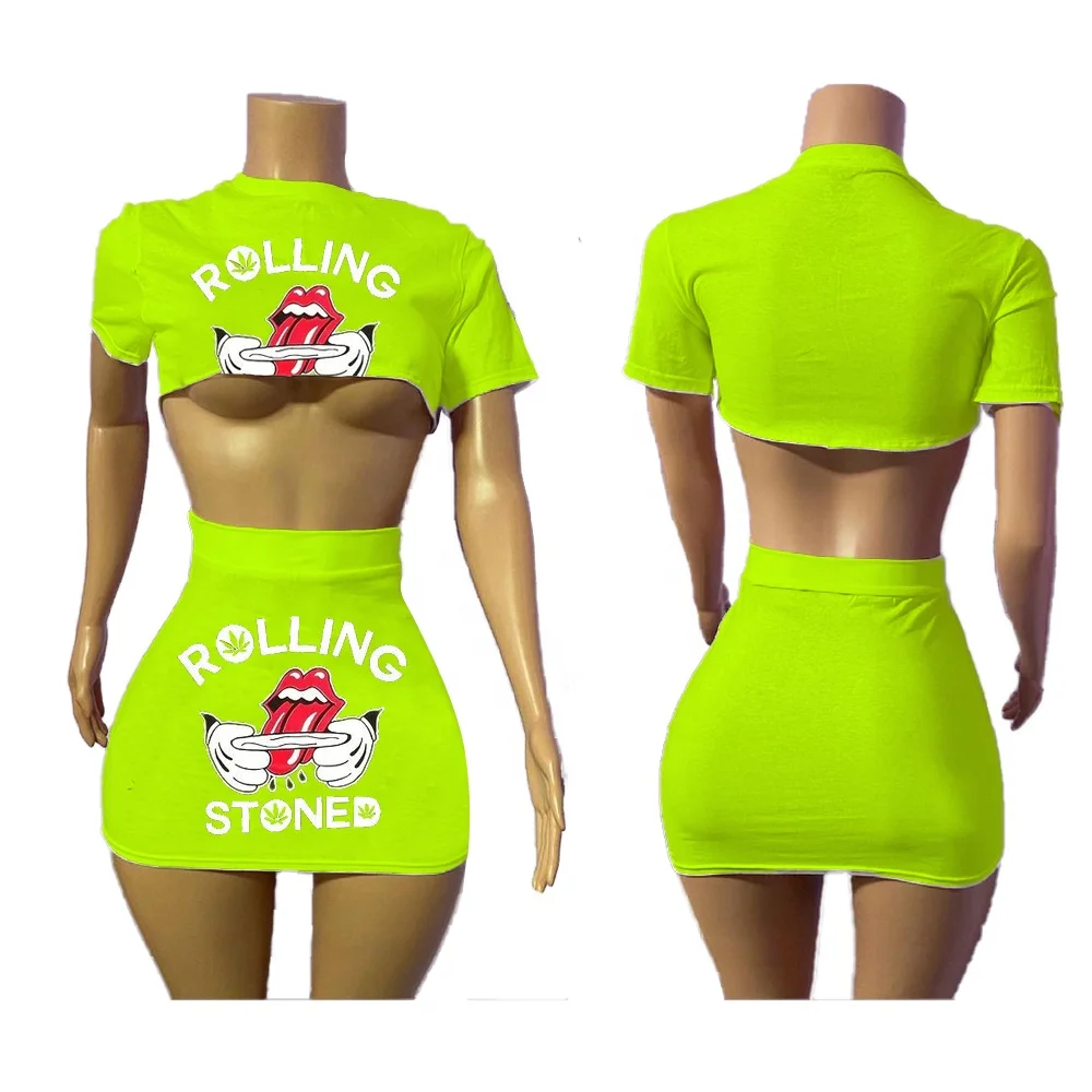 

Custom Pattern Logo Set New Skirt Sets 2 Piece Women Short Sleeve Crop Top Tigh Hip Skirt Two Piece Sets