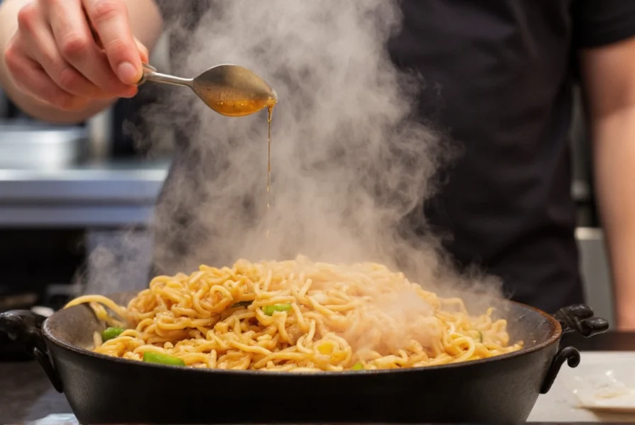 Chef drizzling chili oil over steaming bowl of hand-pulled noodles