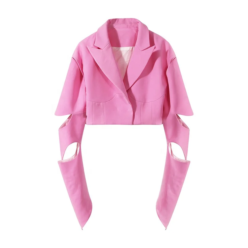 

Trend Fashion Sense Suit Jacket Irregular Hollow Long Sleeve Short Blazer Femme Short Cropped Blazers, Black/white/pink
