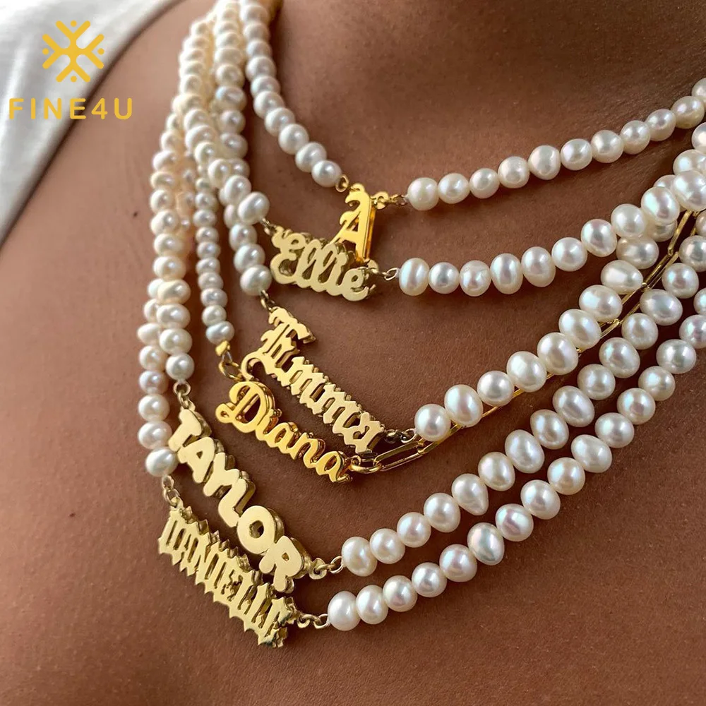 

Tarnish Free Customisable Personalised Vintage Fashion Jewelry Gold Plated Initial Custom Name Pearl Necklace