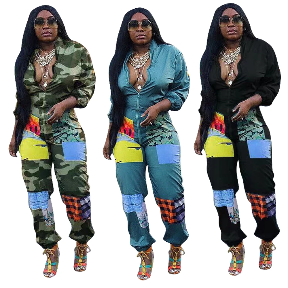 

Foma LD8209 Fashion printed zipper casual long sleeve womens bodysuit 2021 one piece jumpsuit, 3 colors
