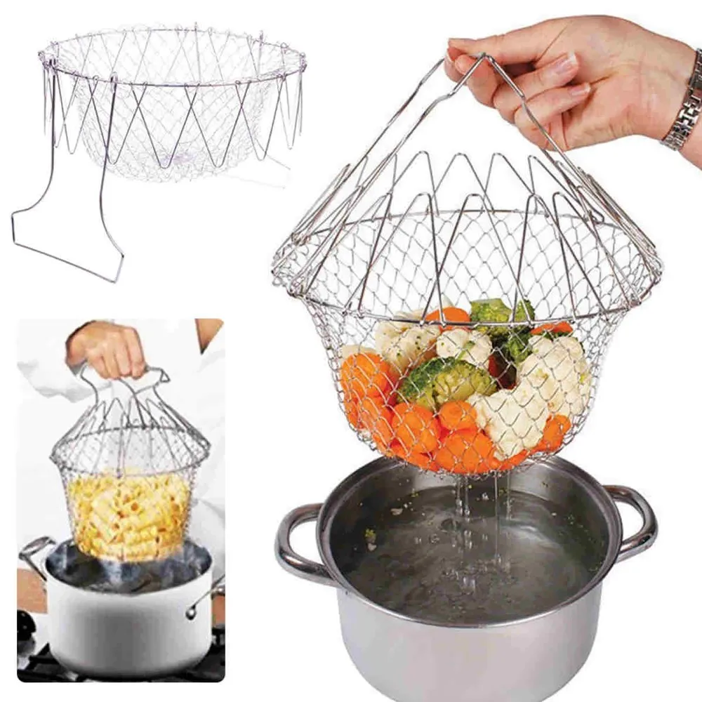 

Foldable Steam Rinse Strain Stainless steel folding frying basket colander sieve Mesh Strainer Kitchen Cooking Tools Accessories