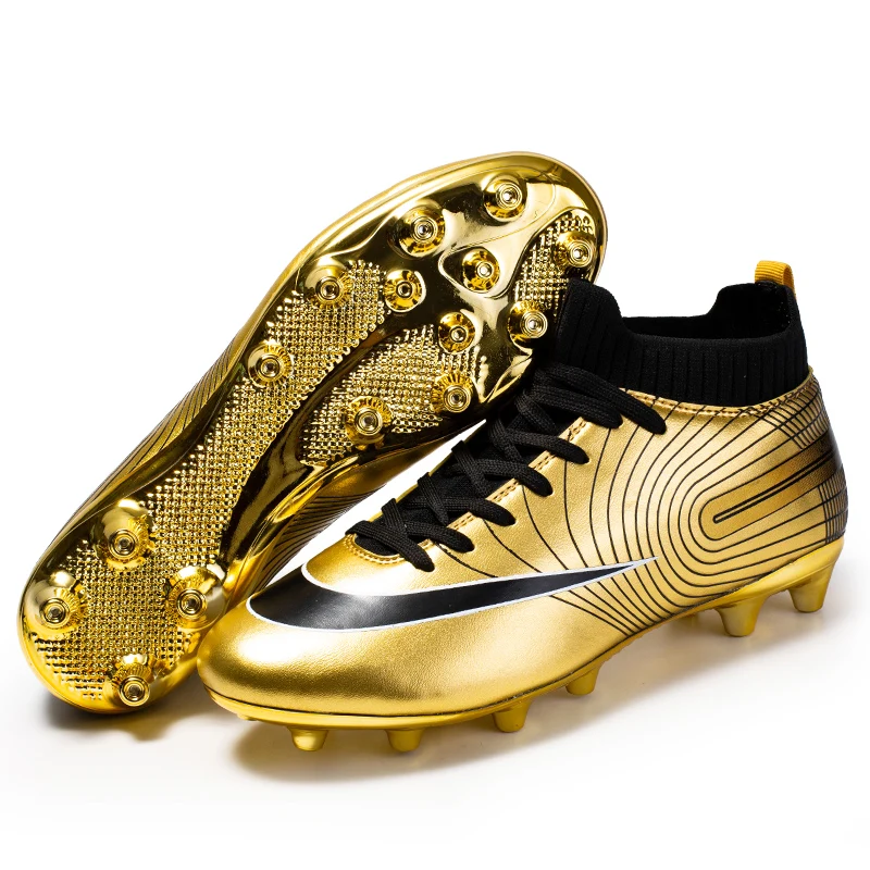 

2021 Latest Men Fg & Tf Cleat Gold Fashion Leather High Ankle Football Boots Soccer Shoes