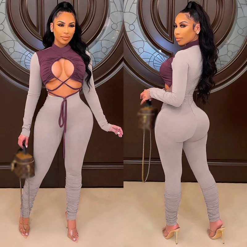 

KX-K21JP614 New fashion clubwear cut out one piece ladies long sleeve jumpsuits sexy rompers women jumpsuit