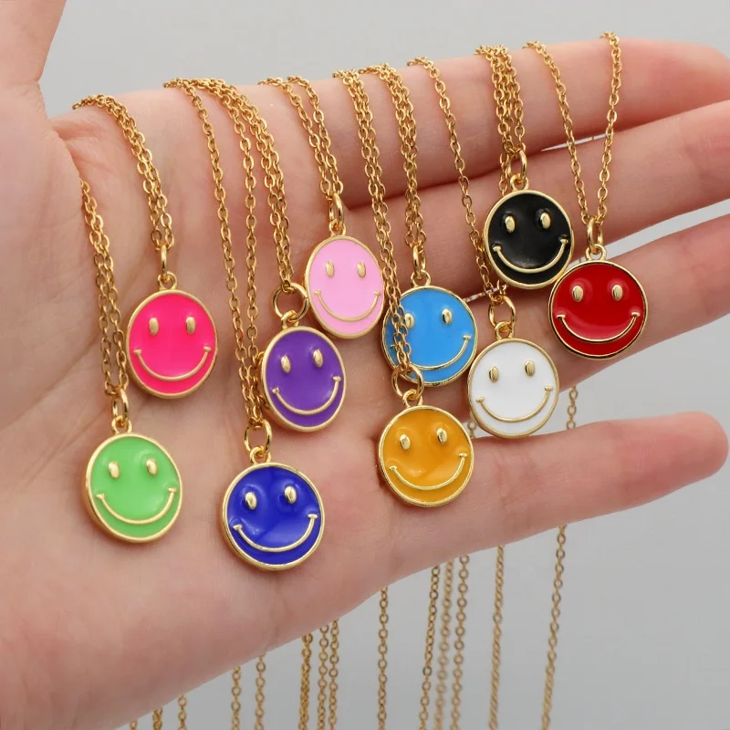 

Good quality wholesale trendy women girls corlorful jewelry gold plated enamel smiling pendant jewelry necklace