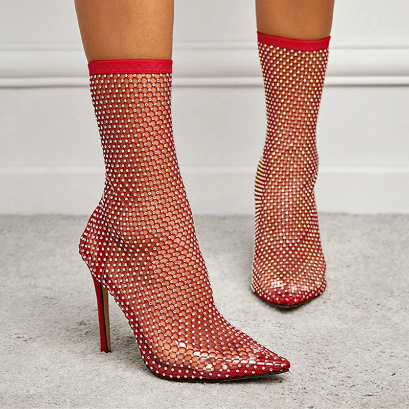 

New Design Crystal Rhinestone Mesh Stretch Fabric Sock Boots Fashion PVC Transparent Pointed Toe Shoes Sexy High Heels