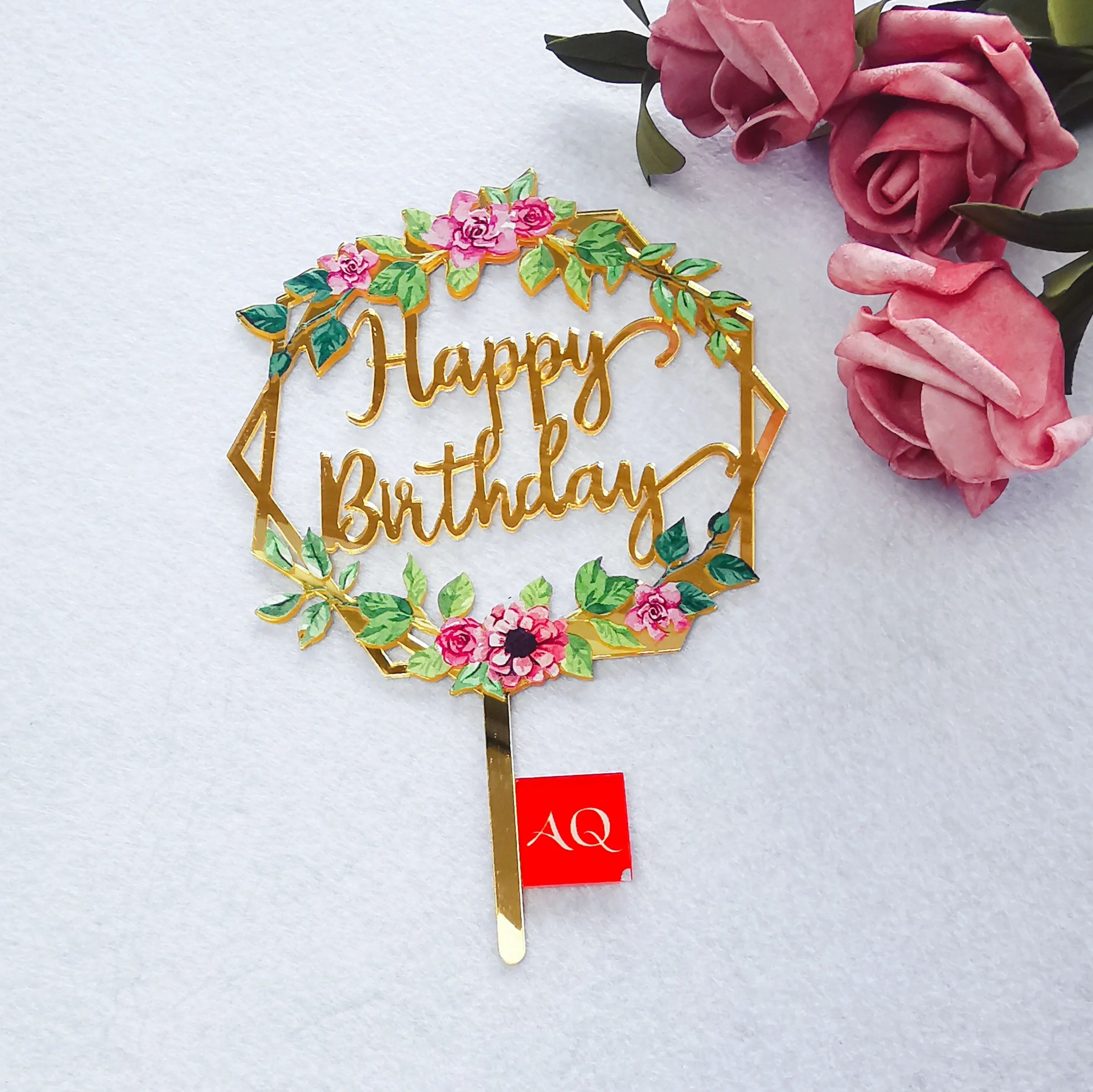 

Classic Look Beautiful Flower Print Happy Birthday Acrylic Cake Topper