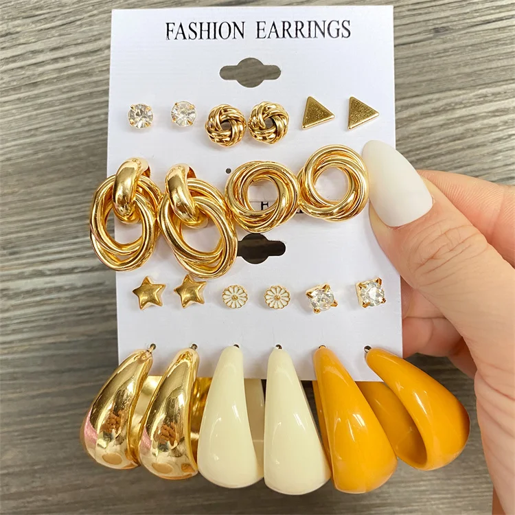 

VKME 6pairs Vintage Gold Hoop Earrings Set For Women Crystal Flower Star Resin Circle Dangle Drop Stud Earrings