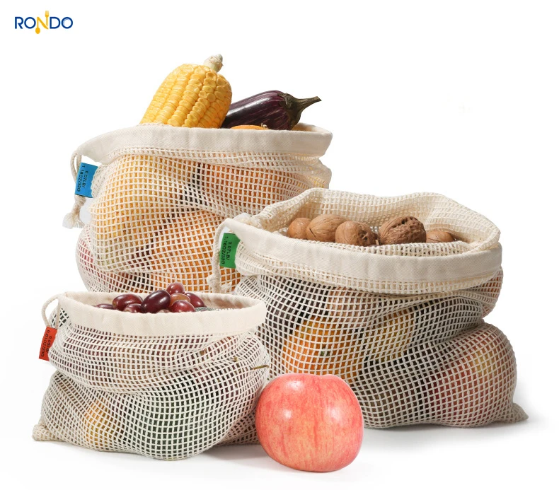 

Amazon Hot Sell Eco Friendly Simple Ecology washable and reusable Cotton Mesh Produce Bag for vegetable and fruit, Nature color