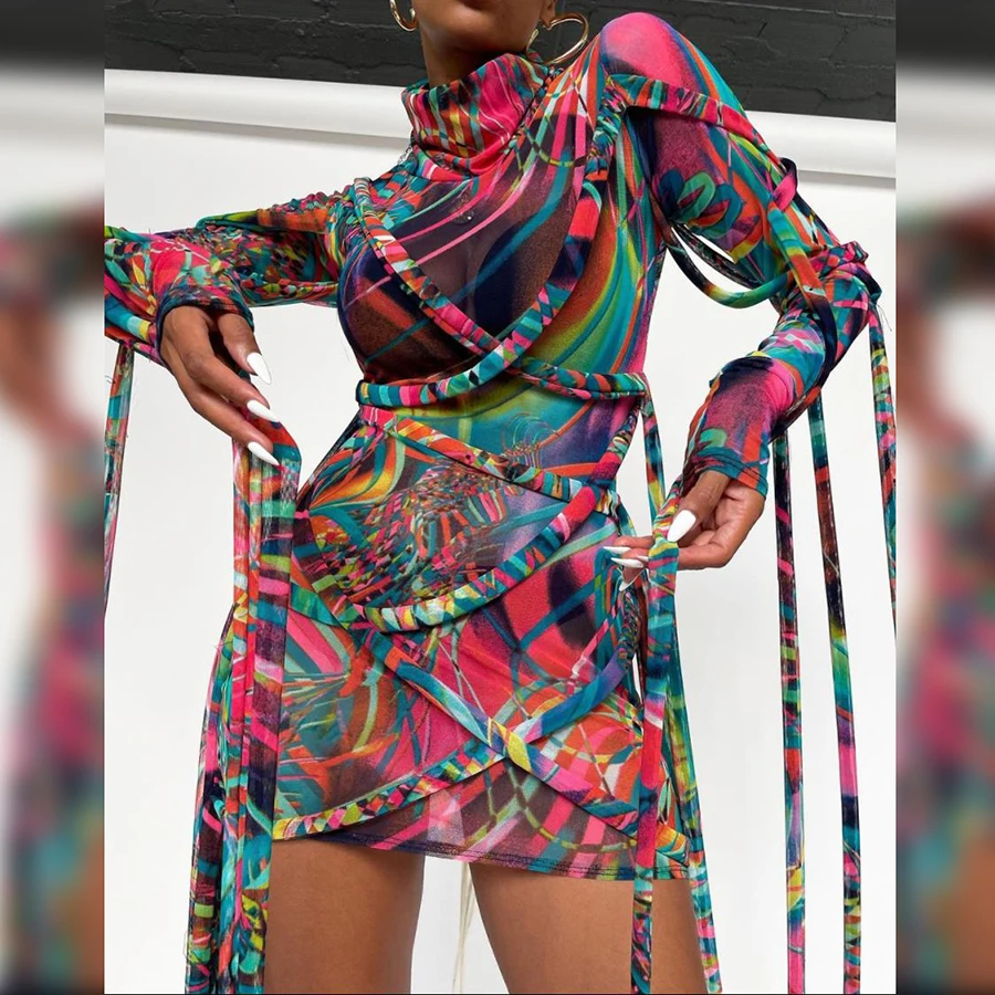 

2021 Spring Mesh Printed Long Sleeve Turtleneck Tassel Vestidos Fashion Women Mini Dress, Multi