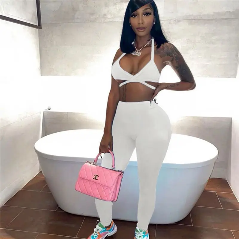 

Active Halter Top And Pants Matching Sets Backless Solid Summer 2021 Skinny Slim Two Piece Sets For Women Casual Sporty