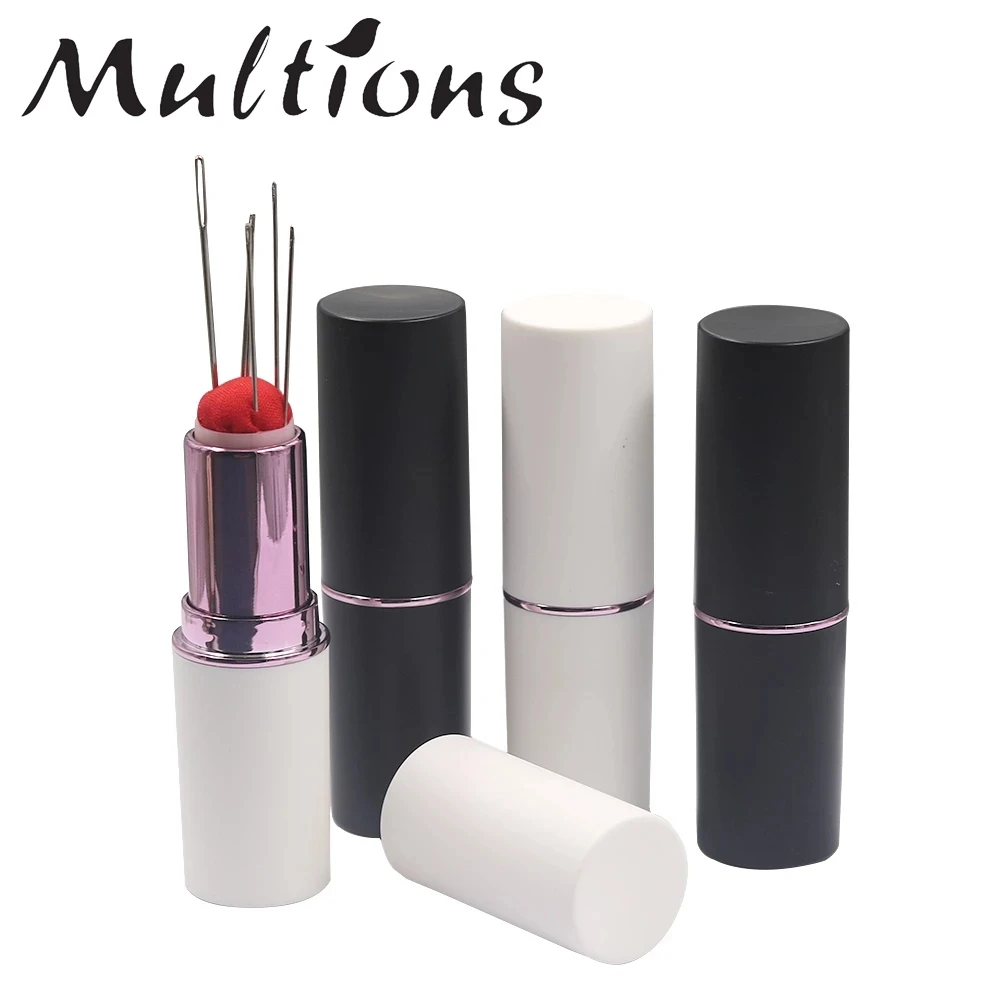 

New Craft Lipstick Pin Cushion with 5pcs Hand Sewing Needles Pincushion Rotatable Needle Holder for Cross Stitch Sewing Tool, White,black