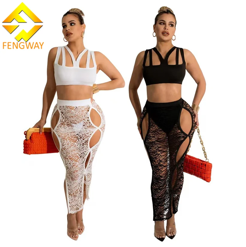 

Fengway Hot Sale Crop Tank Top And Fishnet Skirt Set  Plus Size Women's Sets Hollow Out Two Piece Skirt Set