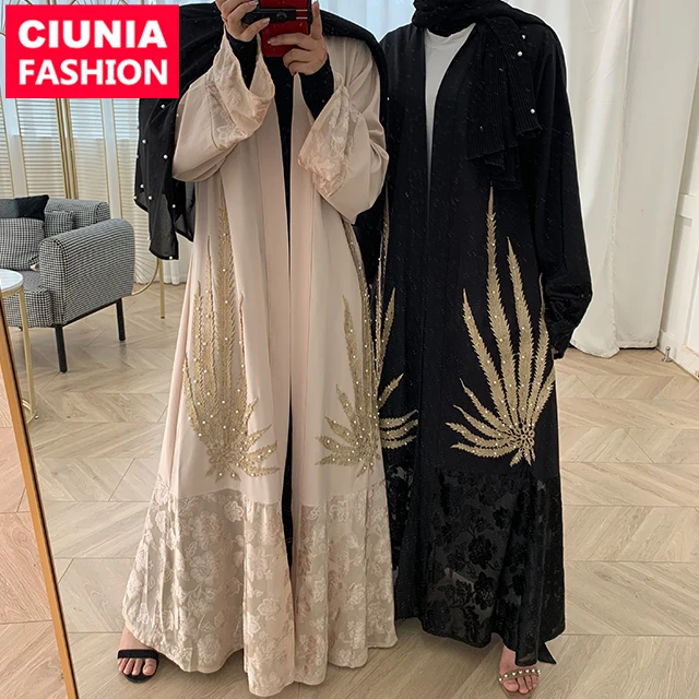 

1815# New abayas designs moslem muslim dresses gold embroidery lace front open luxury abaya dubai 2020