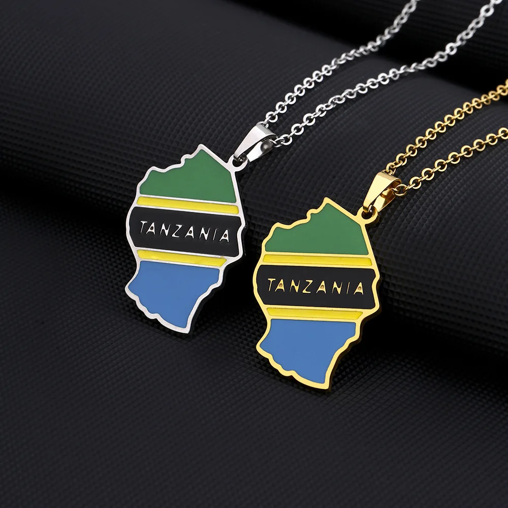 18K Gold Plated Stainless Steel Enameled Tanzania Flag Map Pendant Necklace with Link Chain Unique National Symbol Necklace